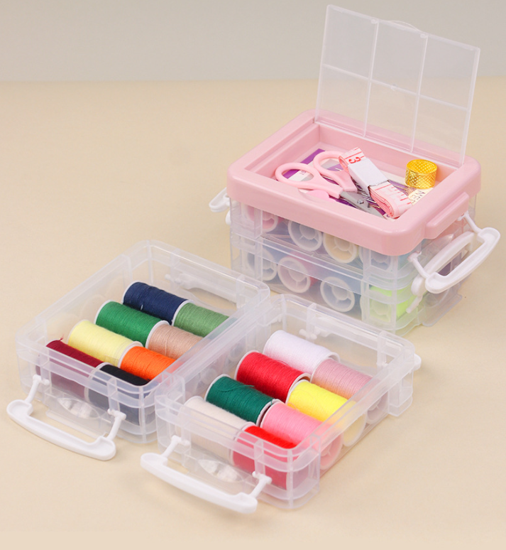 Šijací set v plastovom boxe 3 poschodový sivý