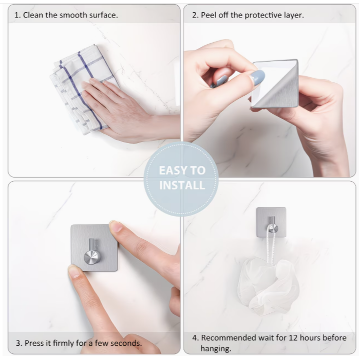Samolepiaci háčik – nerez hranatý, sada 4 ks