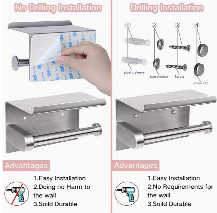Nalepovací držiak toaletného papiera s poličkou - čierny
