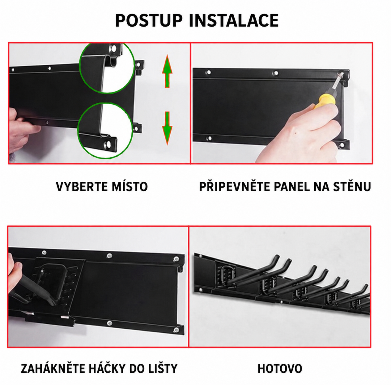 Nástenný organizér na náradie - sada 3 lišty + 6 hákov
