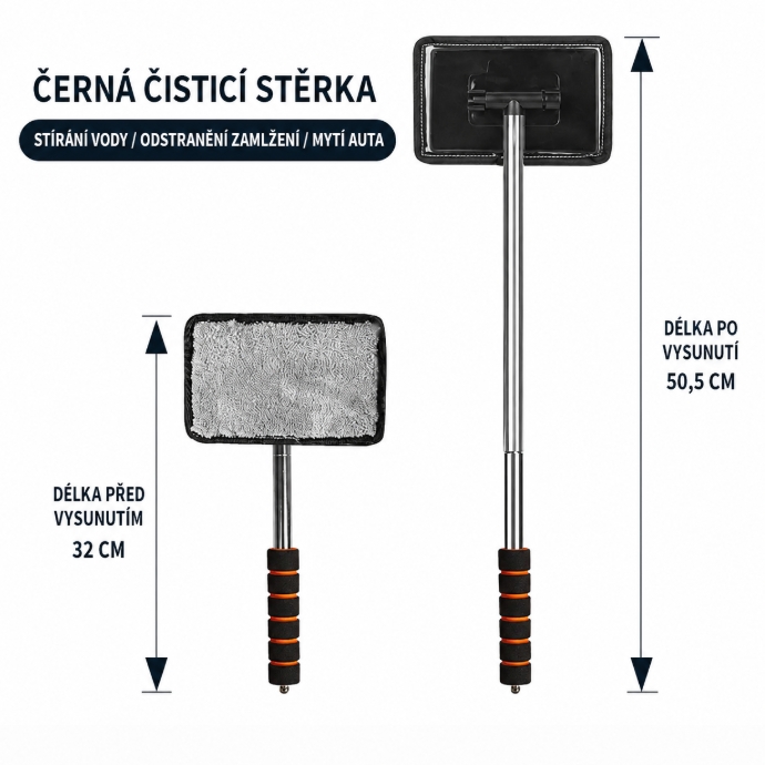 Teleskopická stierka / čistič skiel do auta s mikrovláknovým návlekom - otočná hlavica 180 °