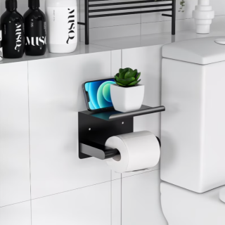Nalepovací držiak toaletného papiera s poličkou - čierny