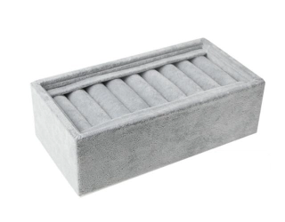 Stojan na prstene, zamatový hranol 20 × 10 × 6 cm, sivý