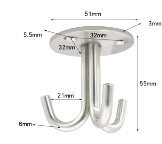 Trojitý nerezový stropný hák s doskou 51 mm